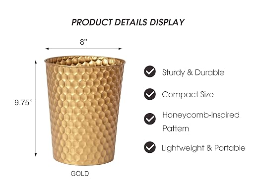 Venalys Small Metal Trash Can Wastebasket, Decorative Honeycomb Garbage Can - Image 6