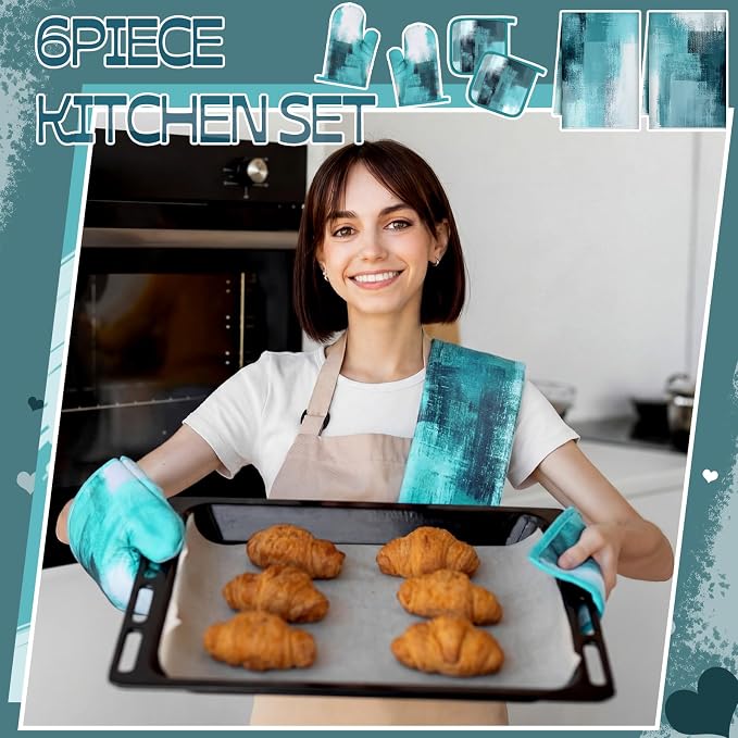 Bencailor 6 Pcs Teal Kitchen Accessories Teal Kitchen Towels Pot Holders and - Image 2