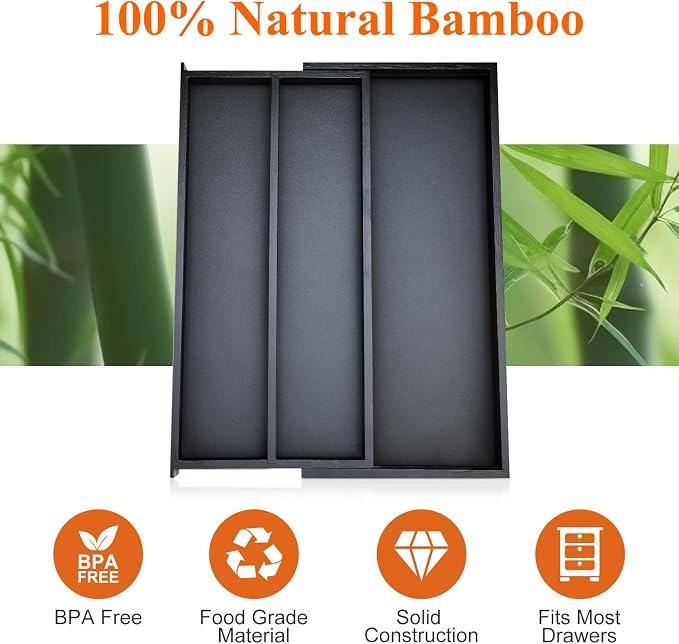 Bamboo Kitchen Tool Drawer Organizer Storage Black Cutlery Tray Expandable - Image 7