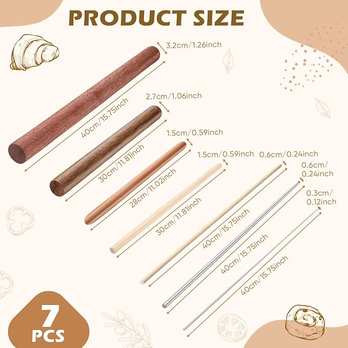 Baderke 7 Pcs Italian Rolling Pins Set Wood and Stainless Steel Pasta Rolling - Image 2