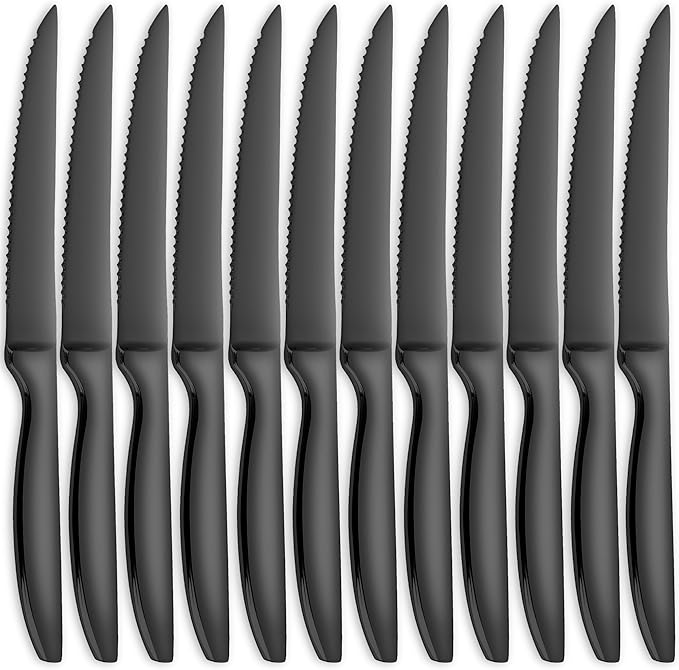 SuperCook Black Steak Knives of 12, High End Stainless Steel Steak Knives Set by SuperCook