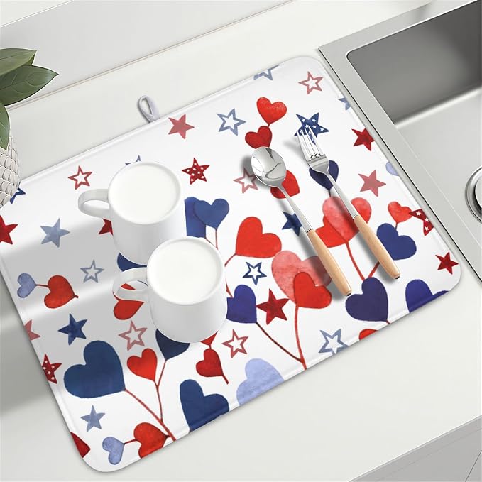 4th of July Dish Drying Mat for Kitchen Counter Patriotic Red Blue Star Love - Image 8