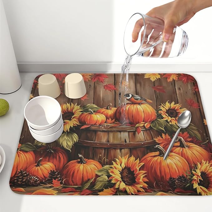 Fall Pumpkin Dish Drying Mat for Kitchen Counter Thanksgiving Autumn Harvest - Image 6