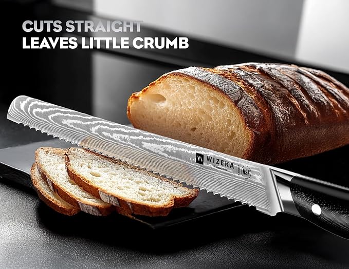 WIZEKA 10 inch Damascus Serrated Bread Knife - Image 2