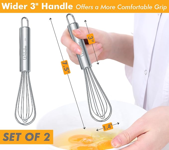 Webake 7.5" Stainless Steel Mini Whisks, 304 Small Metal Whisk - Image 2