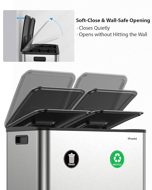 Dual Trash and Recycling Bins for Kitchen, 2×13 Gallon Stainless Steel Trash - Image 6