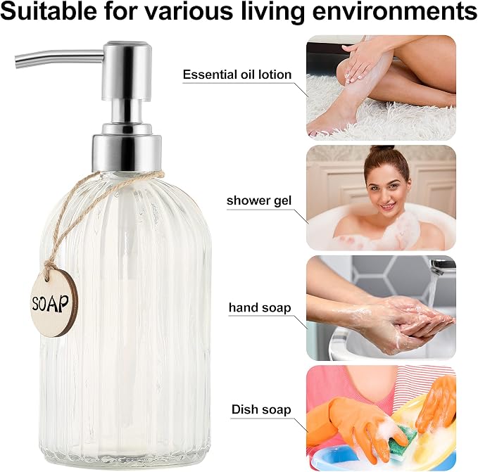 MOCLIF 16 OZ Soap Dispenser，Tempered Glass Clear Vertical Stripe - Image 4