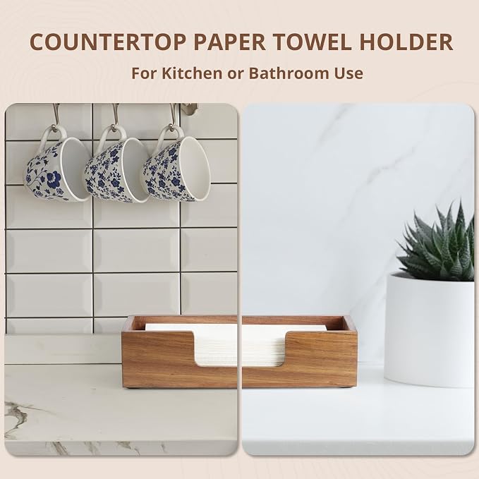 Paper Towel Dispenser Countertop, Acacia Wood Folded Paper Hand Towel Holder - Image 3