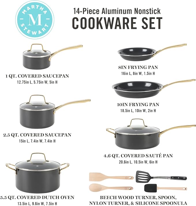 Martha Stewart Lockton 14 Piece Premium Non-Stick Heavy-Gauge Aluminum Cookware - Image 5