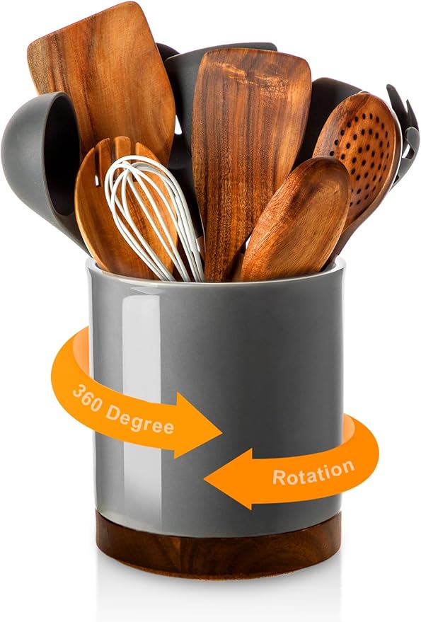 Nucookery 360°Rotating Utensil Holder, 7.2" Large Utensil Crock, Farmhouse by Nucookery