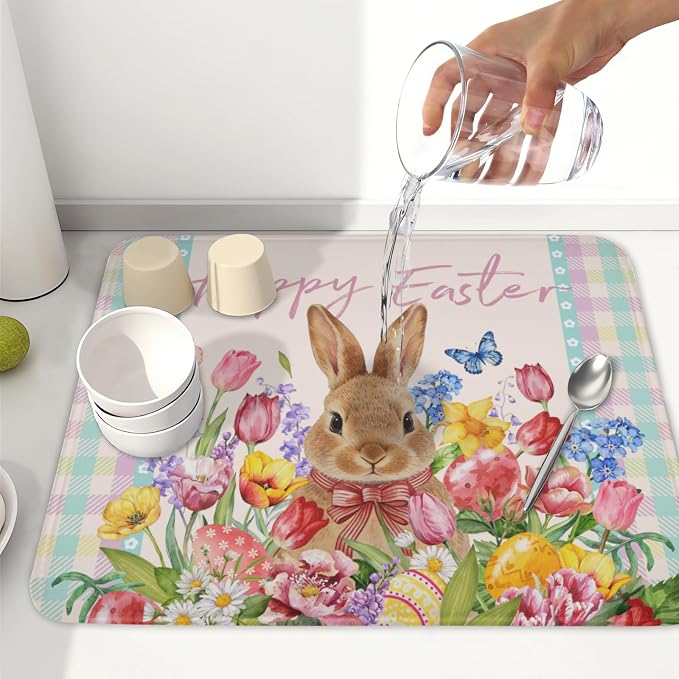 Easter Bunny Dish Drying Mat for Kitchen Counter Happy Easter Rabbit Floral - Image 6