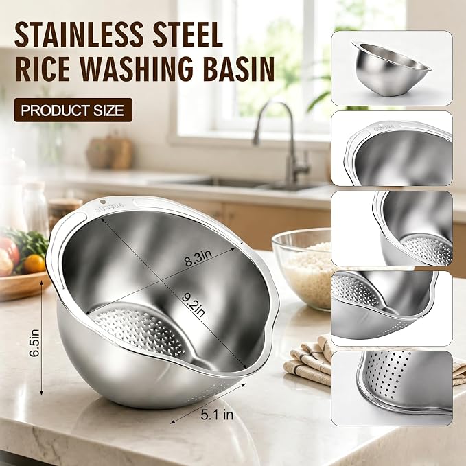 Palksky Rice Strainer & Rice Washing Bowl Stainless Steel - Image 6