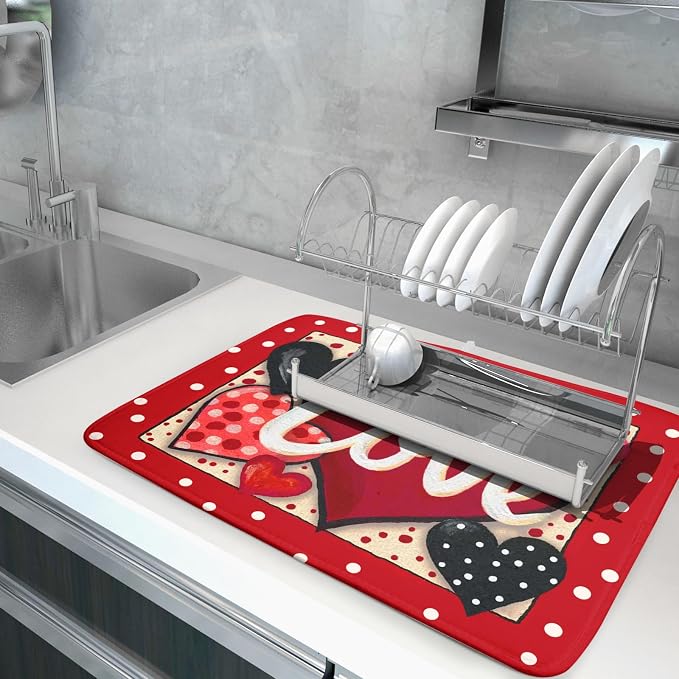 Love Heart Dish Drying Mat 18"x24" Red Dots Microfiber Dish Rack Mat Holiday - Image 5