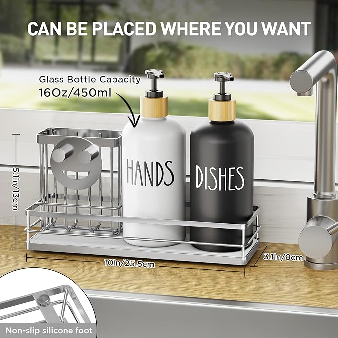 Moforoco Kitchen Dish Soap Dispenser Set, 16OZ Glass Bottle, Hand and Dish Soap - Image 3