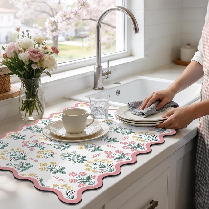 LOKHOM Scalloped Floral Dish Drying Mat, Cuttable Hide Stain Non-slip Drying Mat - Image 8