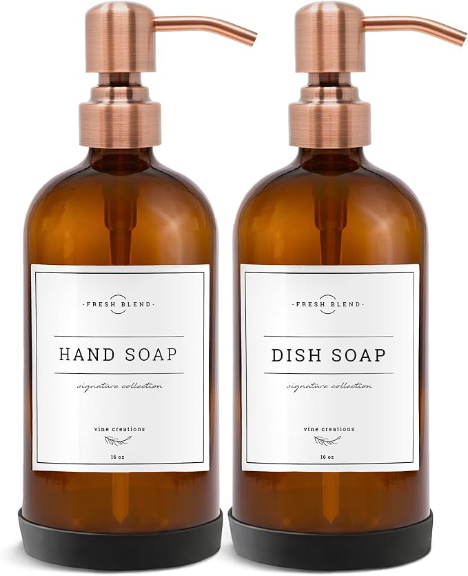 Vine Creations Amber Glass Soap Dispenser, 2 Pack Kitchen Soap Dispenser Set by VineCreations