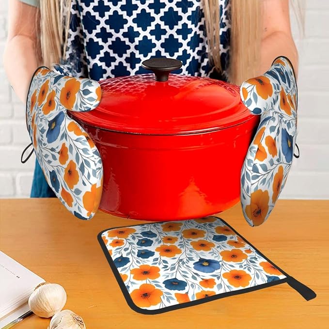Spring Orange Blue Floral Oven Mitts and Pot Holders Sets of 3, Heat Resistant - Image 3