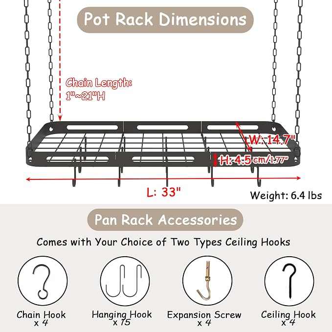 33” Pots and Pans Hanging Rack, Heavy-duty Metal Square Kitchen Ceiling Pot Rack - Image 3