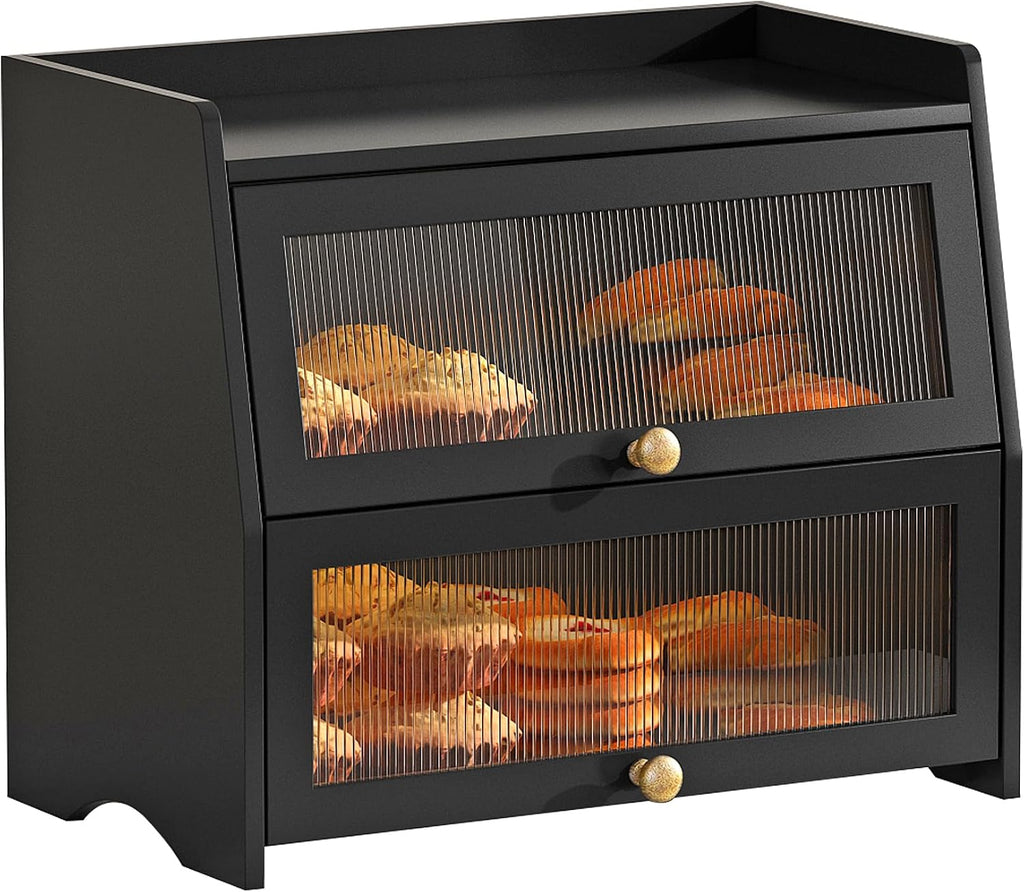 Bread Box for Kitchen Countertop, Double Layer Pine Wood Breadbox