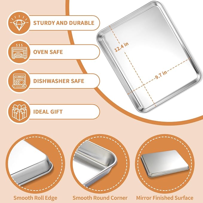 Stainless Steel Baking Sheet Set of 2, Deedro Cookie Sheet Metal Baking Pan - Image 2