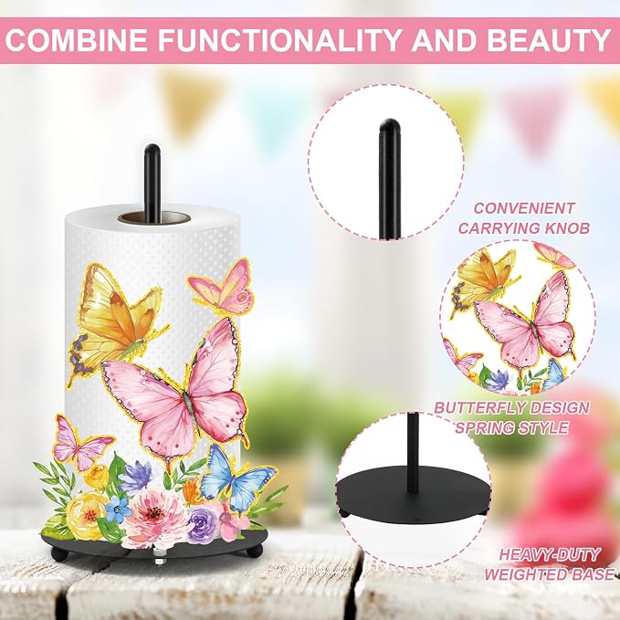 Whaline Spring Summer Paper Towel Holder Colorful Butterfly Floral Large Metal - Image 4
