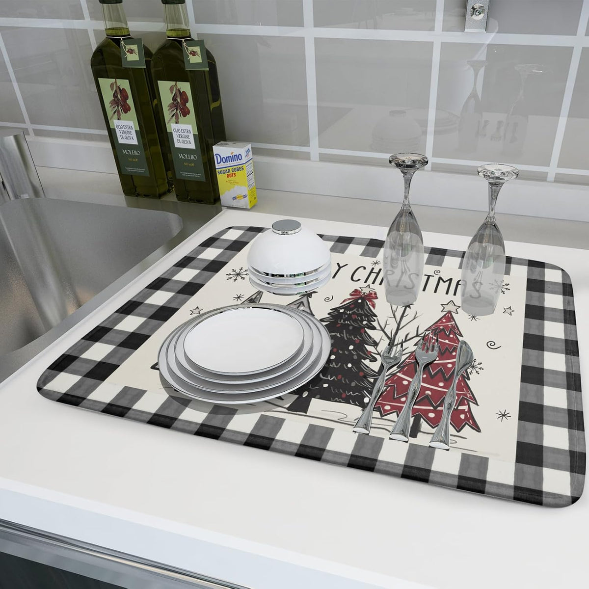 Merry Christmas Tree Dish Drying Mat for Kitchen Counter 18x24 Inch