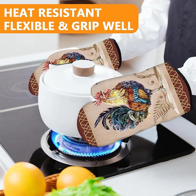 Rooster Oven Mitts and Pot Holders Sets 4Pcs, Extra Long Oven Gloves Potholder - Image 6