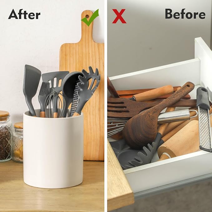 7" White Utensil Holder, Large Kitchen Utensil Holder Organizer - Image 6