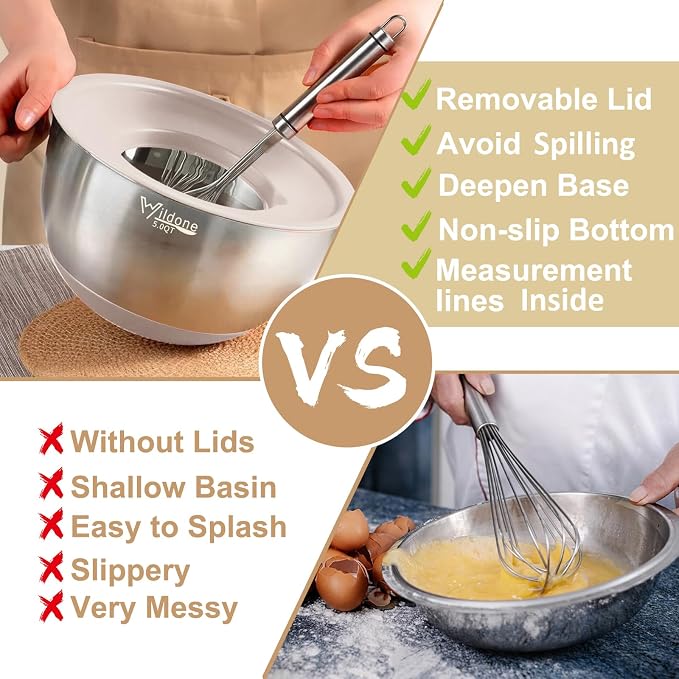Wildone Mixing Bowls with Airtight Lids, with 3 Grater Attachments, Scale Mark - Image 3