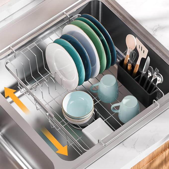 Expandable in Sink Dish Drying Rack, Adjustable Capacity Stainless Steel Over by Homics