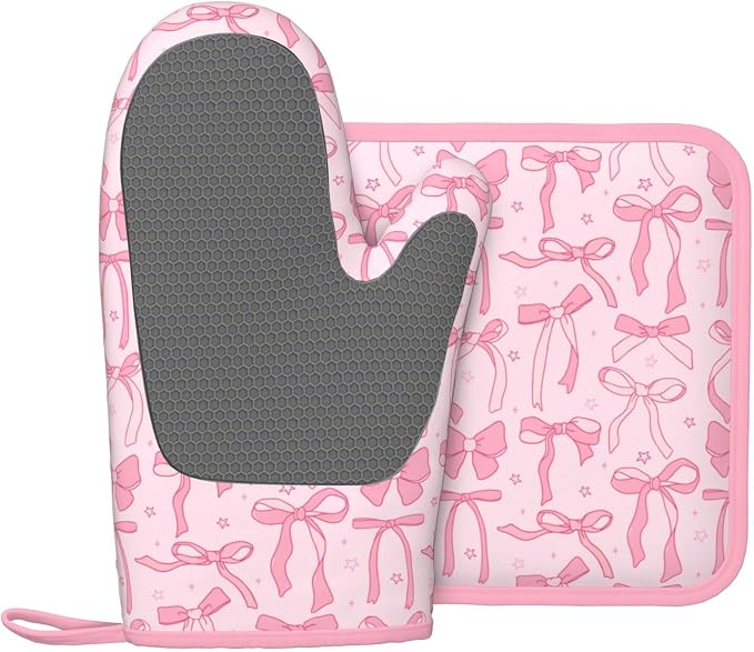 Pink Cute Ribbon Bow Silicone Oven Mitts Pan Mats Set of 2, Heat Resistant - Image 2