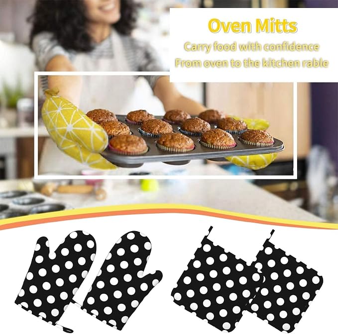 Black White Retro Polka Dot Oven Mitts and Pot Holders Sets of 4, Heat - Image 7