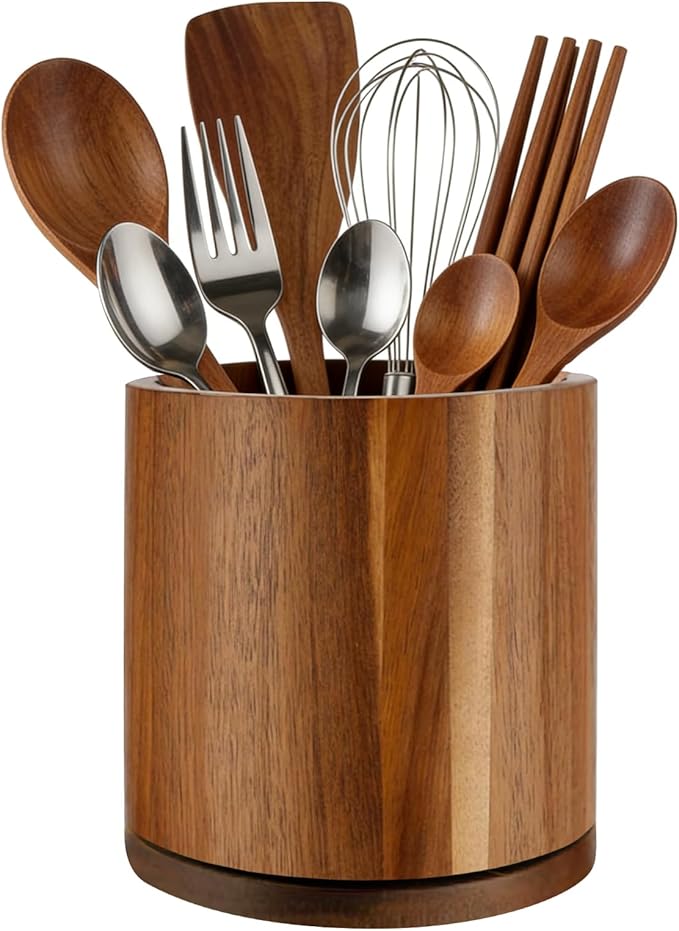Acacia Wood Utensil Holder 360°Rotating Anti-Tip Design by Cyrabota