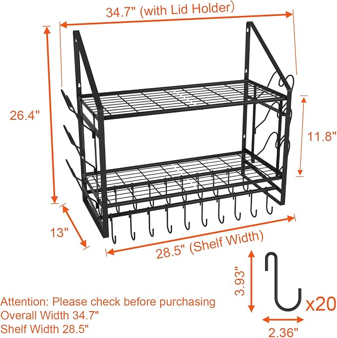 VyGrow 28 Inch Pot Rack Wall Mounted, 2 Tier Pots and Pans Organizer - Image 2