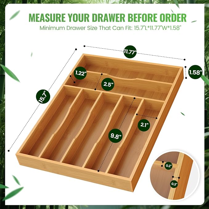 Bamboo Silverware Organizer, Bamboo Kitchen Drawer Cutlery Organizer, Utensil - Image 3