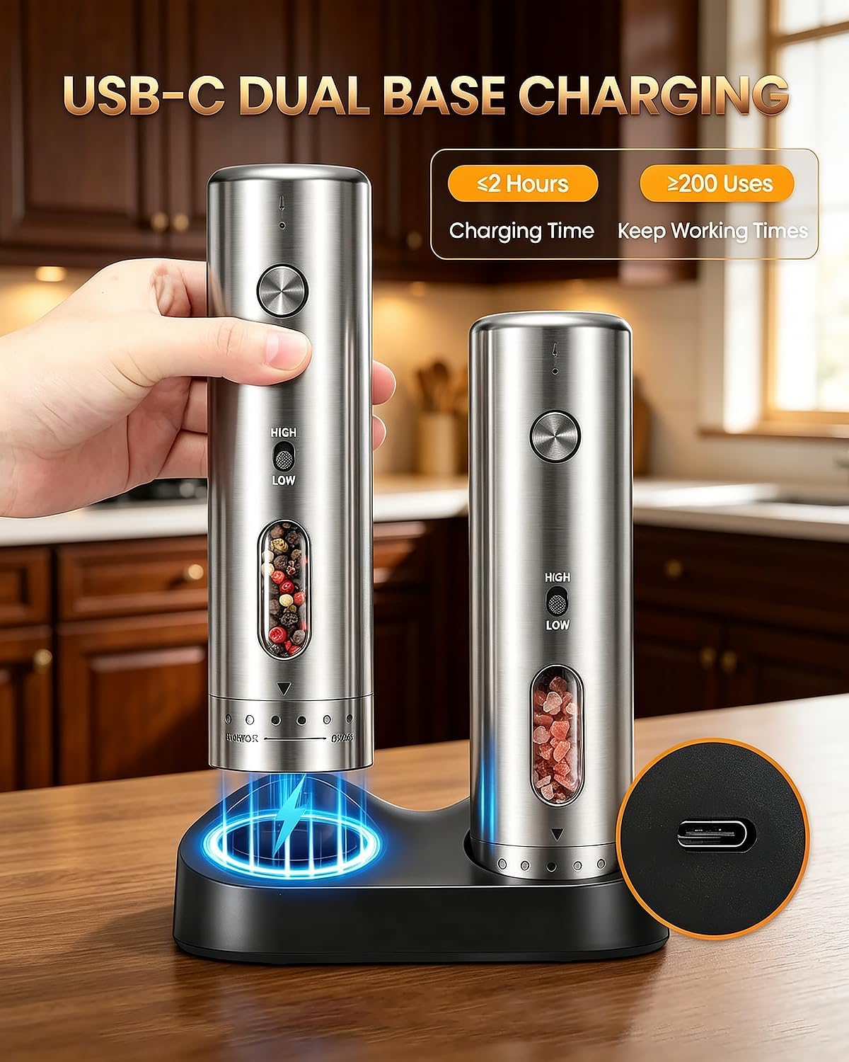 High & Low Variable Speeds Electric Salt and Pepper Grinder Set
