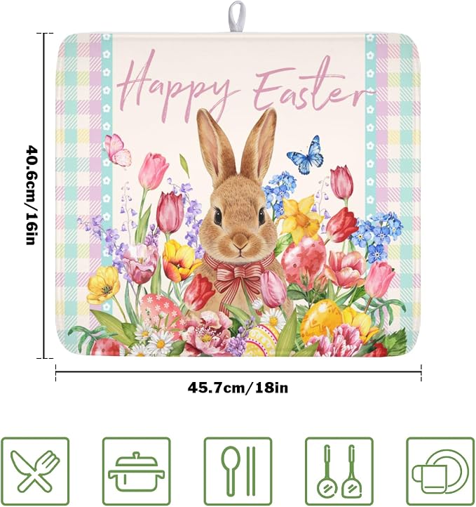Easter Bunny Dish Drying Mat for Kitchen Counter Happy Easter Rabbit Floral - Image 2