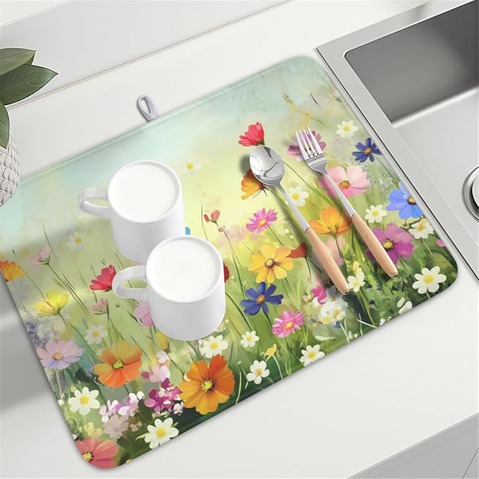 Spring Summer Daisy Dish Drying Mat 18 x 24 Inch Colourful Floral Pattern Dish - Image 8