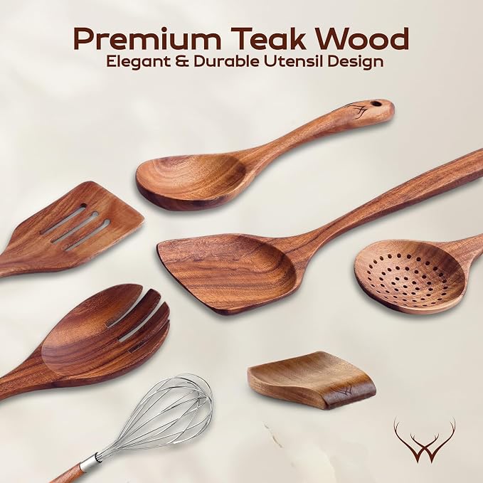 7 Pcs Teak Wooden Kitchen Utensils – Handcrafted Wooden Cooking Utensils Set - Image 2