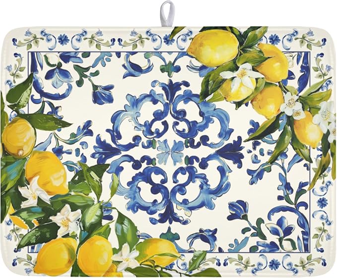 Lemon Dish Drying Mat 24x18 Inch, Italian Olive Tree Dish Drainer Mats Summer by Trongr