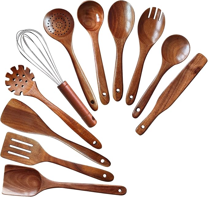 Wooden Spoons for Cooking 11 Pieces Set, High Quality Wooden Kitchen Utensil Set by YYLTJR