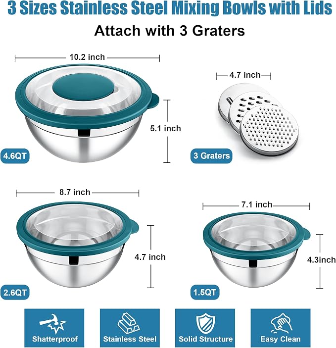 E-far Mixing Bowls with Lids and Graters, Stainless Steel Salad Mixing Bowl - Image 4