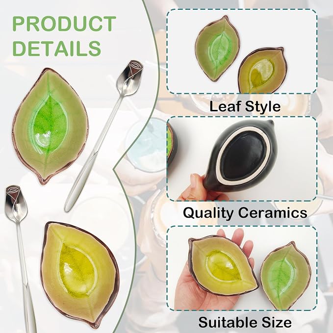 2 Pack Coffee Spoon and Leaf Rest Set, Ice Cracks Leaf Ladle Holder, Tea Spoon - Image 3