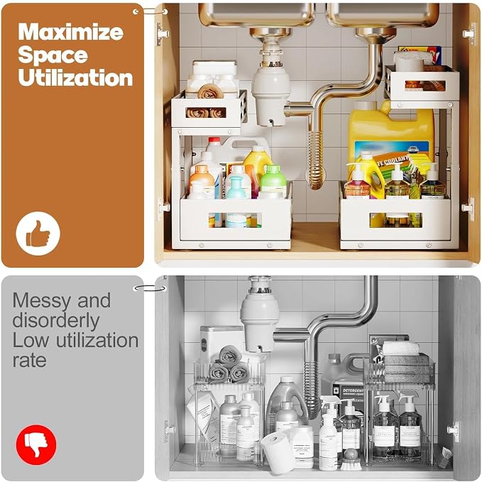 L-Shaped Metal Under Sink Organizer, 2-Tier Double Pull-Out Cabinet Organizer - Image 5