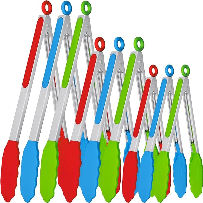 9 Pieces Silicone Tongs for Cooking 7, 12 inches Kitchen Tongs by Beieverluck