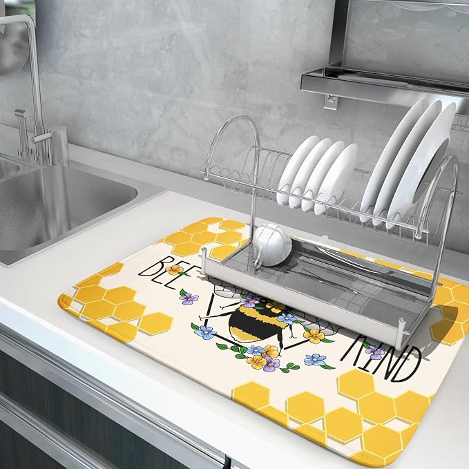 Giwawa Bee Kind Dish Drying Mat, Summer Bees Flowers Dish Drainer Mats - Image 5