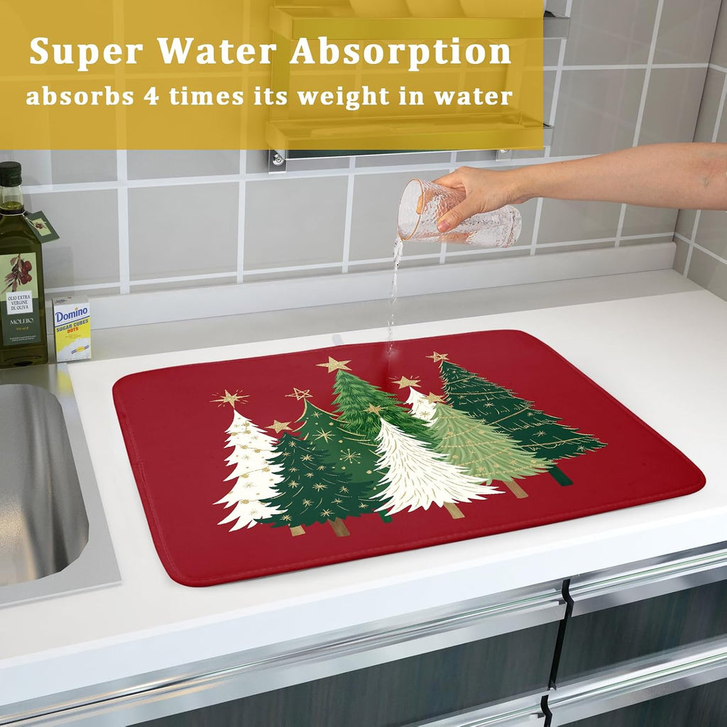 Christmas Dish Drying Mat for Kitchen Counter 18x24 Dark Red Winter