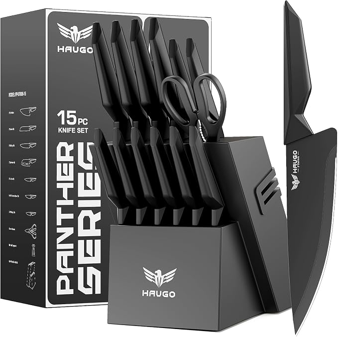Kitchen Knife Set with Block: 15-Piece High Carbon Stainless Steel Professional by Haugo