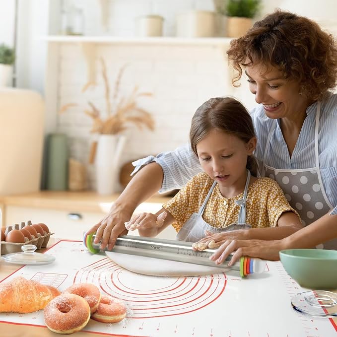 Stainless Steel Rolling Pin and Silicone Mat Set, Adjustable Thickness Rings - Image 6