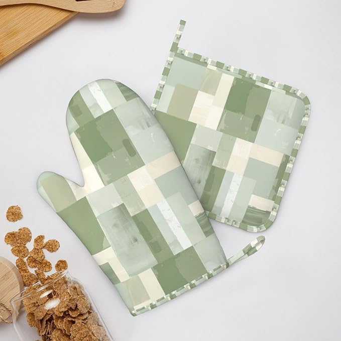 Oven Mitts and Pot Holders Set, Modern Art Pastel Green Geometric Silicone - Image 6